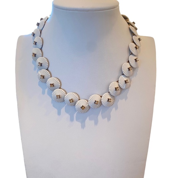 Crown Trifari white disks necklace Milk Glass Rhinestone Necklace Pom Pom Design - Picture 1 of 9